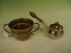 A GII silver brandy saucepan with tuned wooden handle. London 1738, t/w a victorian silver two