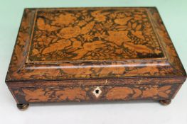 A Regency penwork sarcophagus form work box. Overall foliate and floral decoration. Brass ball feet.