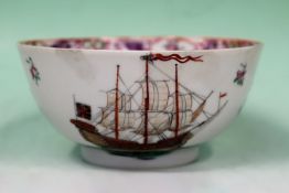 A Chinese Export famille rose deep bowl with unusual European warship design 14cm dia.