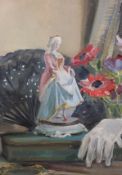 Marjorie Mostyn (1893-1979) Newlyn School, Still life of a figurine and flowers, signed, oil on