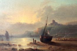 R.B. David (19th Century), Boats moored in a bay by a fortress and  companion of figures by a river,