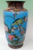 A late 19th Century Japanese cloisonne tapered baluster vase with parrot, orchid and chrysanthemum