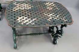 A Coalbrookdale pattern cast iron pierced garden table. Unmarked. 91 x 57cm. 67cm high.