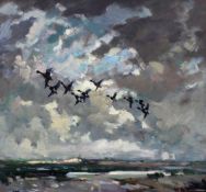Jack Cox (1914-2007) (ARR), Mallards in flight over an estuary and companion of geese in flight,