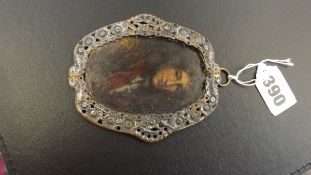 A miniature portrait depicting a young man in white cravat and red collar, oil on copper, 7.5 x