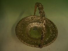 A silver coloured metal swing handled fruit basket. 25ozs.