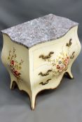 A Continental small three drawer chest with floral painted decoration and marble top. 73cm wide.