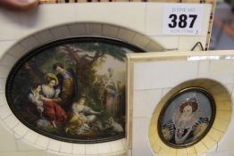 Neapolitan School Oval miniature depicting a genre scene with shepherdess and two sheep, housed in a