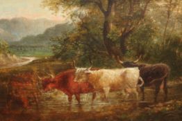 English School (19th Century), Highland cattle in a river landscape, oil on canvas, 18 x 24cm.