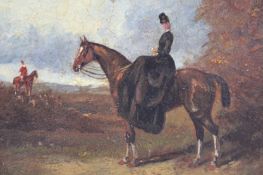 English School (19th Century), Lady mounted on a bay horse on the edge of a wood, oil on panel, 11.5