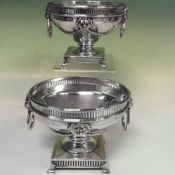 A pair of silver two handled Neo Classical style small rose bowls. Ring handles, on square