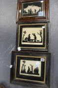 Three antique silhouette pictures on glass of figural scenes. “The Bee Hive”, “The Bird Cage” and
