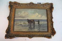 Jan M. Beer (early 20th Century), Horse and cart on a beach, signed, oil on board, 12 x 17cm.