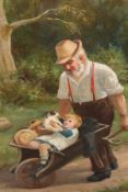 W D Hadden (late 19th Century) A gardener pushing a child in a wheelbarrow, signed, oil on canvas,