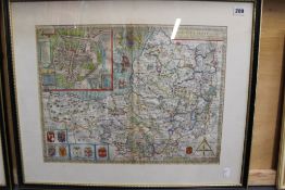 A 17th Century hand coloured map of Somersetshire by John Speed. 38 x 50cm.