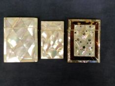 A Victorian mother of pearl card case with tortoiseshell border, inset with abalone together with