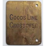 Midland Railway brass Signalbox Lever Plate engraved GOODS LINE CROSSOVER. The rear is engraved