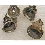 Acetylene Bicycle Lamps, qty 4 comprising:- Vita; Pleietuon; Luxor with cracked front lens; Desmo