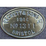 Reproduction Worksplate Peckett & Sons Ltd No 1311 dated 1914. 11¾" x 8¼". The original would have