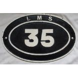 LMS Bridgeplate number 35. Restored face long ago, white lettering on black ground.