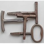 Carriage Keys, qty 4 comprising: GNR; NER; CLC; GWR. Each clearly stamped with company initials.