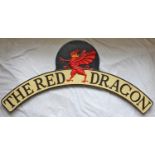 Reproduction Locomotive Headboard in cast alloy THE RED DRAGON. Chocolate and cream text with a