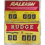 Raleigh Cycles and Rudge Cycles Advertising Cards, one of each, both having changeable inserts