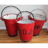 Qty 3 Fire Buckets: one embossed GWR, one with top and bottom handle painted SDJR and one painted