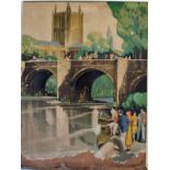 GWR Waiting Room Print 'HEREFORD' by Claude Buckle. Shows the Cathdral with the river bridge in