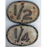 Southern Railway cast iron Milemarkers, qty 2 comprising ¼ and ½. Both ex trackside.