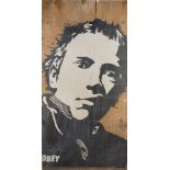 SHEPARD FAIREY - Johnny Rotten  SHEPARD FAIREY  JOHNNY   ROTTEN   Wheatpaste on plywood  96 by 48