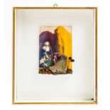 LUISE RAINER ASSEMBLAGE WITH GOLD AND PURPLE BACKGROUND