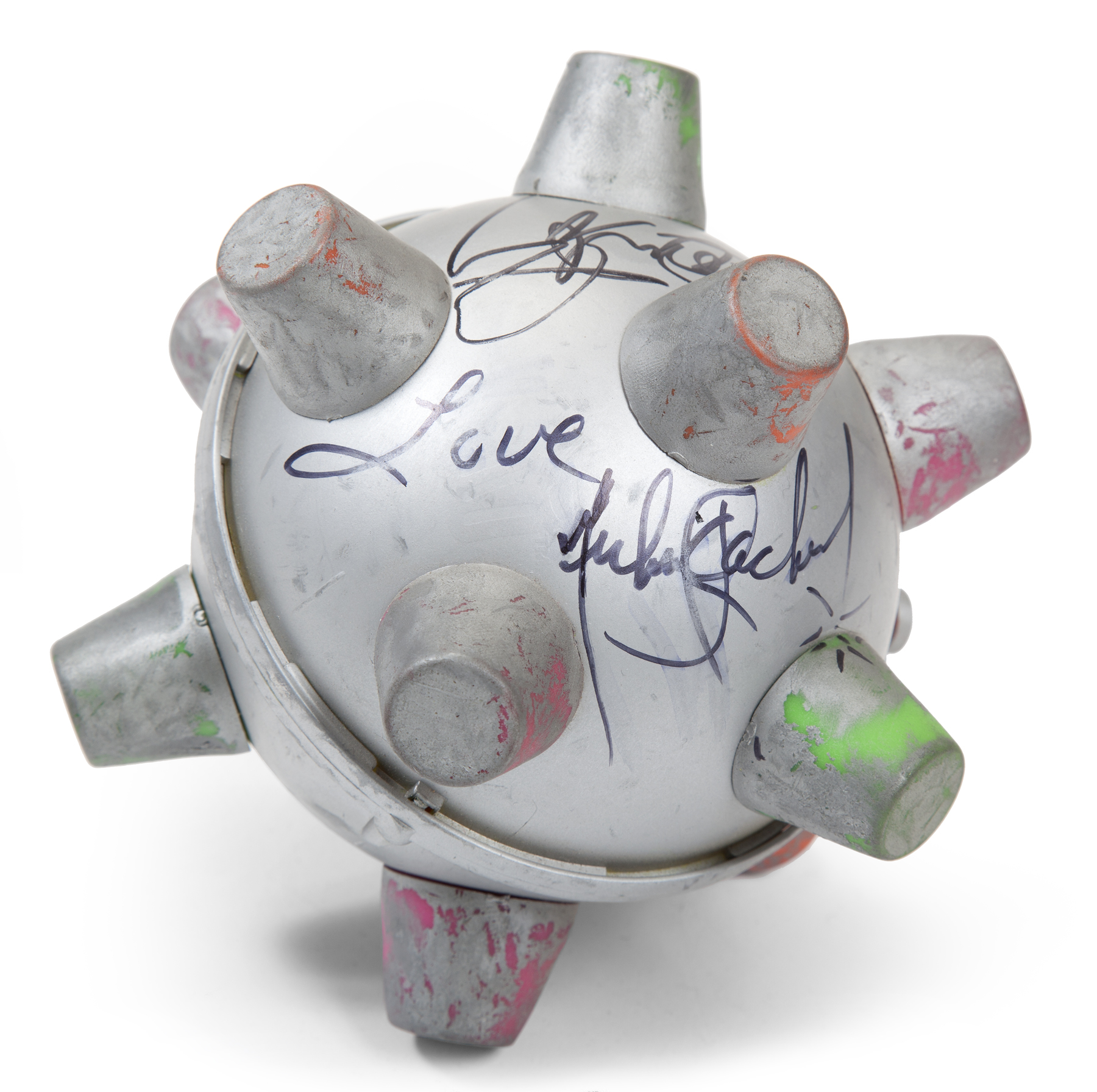 MICHAEL JACKSON SIGNED "SCREAM" PROP  A silver plastic and painted foam ball used and seen on screen