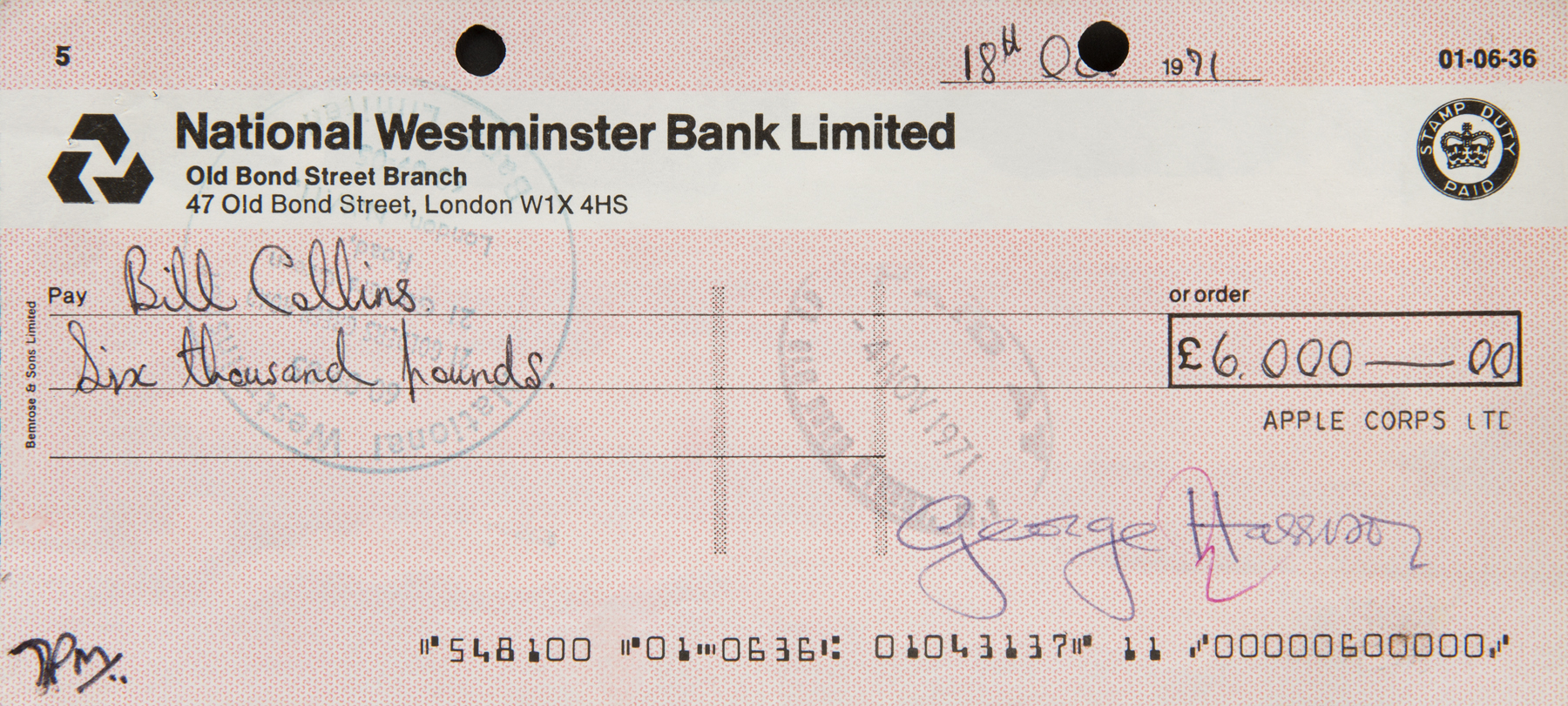 GEORGE HARRISON SIGNED CHECK A George Harrison signed Apple Corps check written to Bill Collins,