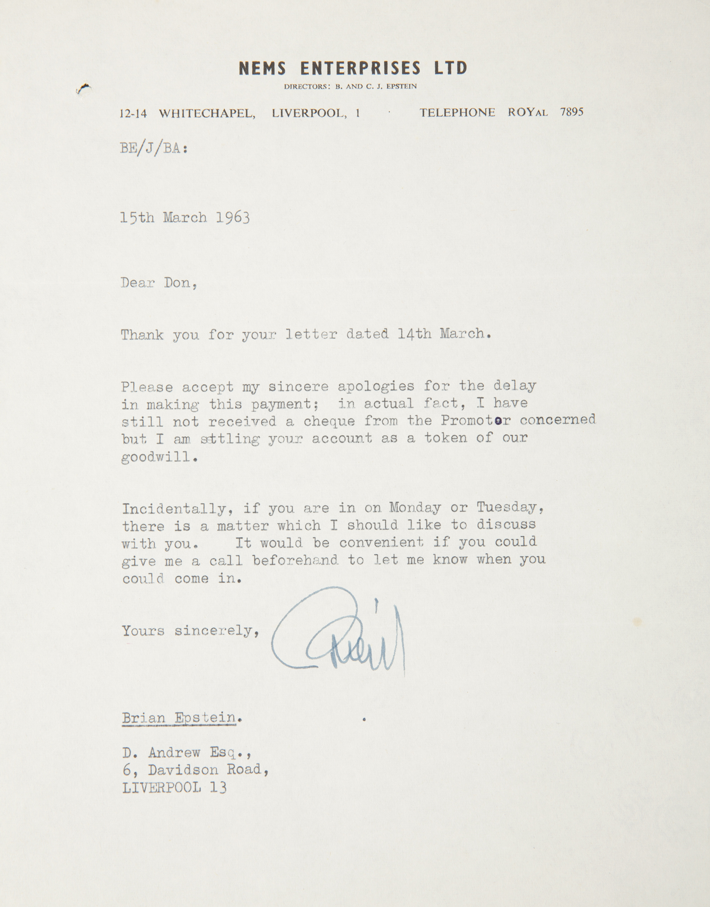 BRIAN EPSTEIN SIGNED LETTER A Brian Epstein signed letter written on NEMS Enterprises Ltd.