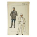 VALLES COSTUME RENDERINGS  A pair of mixed media costume renderings of male figures by Valles. The