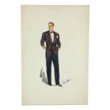 RILEY THORNE SKETCH A mixed media sketch of a gentleman in a 1950s style plaid dinner jacket with