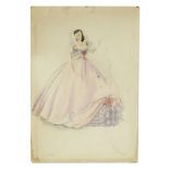 SANTIAGO COSTUME RENDERING A mixed media costume rendering of a woman in a pink period gown signed