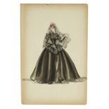 SPANISH WOMEN COSTUME RENDERINGS A pair of mixed media costume renderings of Spanish women. The