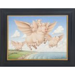 FRED ARIS (BRITISH, 1932-1995) "Flying Pigs," oil on canvas, 1998, signed lower right.16 by 20