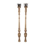 PAIR OF VENETIAN LIGHTED POSTS A pair of carved distressed painted parcel gilt wooden posts with