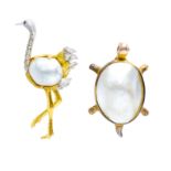 BARBARA BACH TURTLE AND OSTRICH PINS A white and yellow gold ostrich pin with a mabe pearl, together