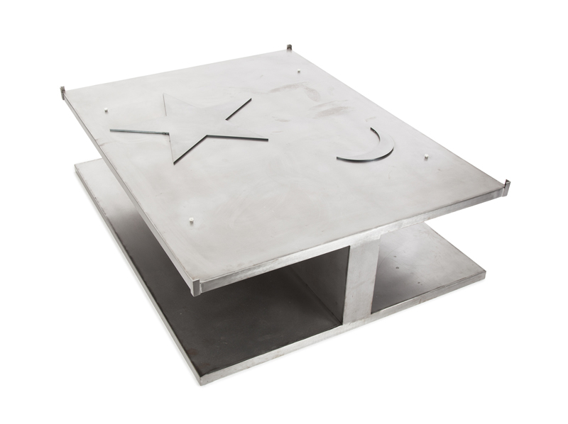 METAL MOON AND STAR COFFEE TABLE A rectangular metal coffee table with a plate glass top.15 by 52 - Image 2 of 2