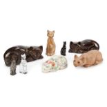 COLLECTION OF CAT FIGURINES An assorted collection of figurines including a pair of carved wooden