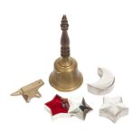 GROUP OF METAL ITEMS Including a brass bell and brass anvil paperweight, together with three