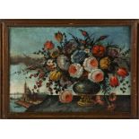 PAIR OF FLORAL STILL LIFES Each with a landscape in the distance. Oil on canvas, both unsigned.Each,