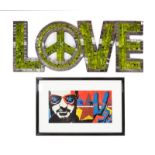 RINGO PRINT AND LOVE SIGN A small colored print of Ringo Starr, together with a small mirrored "