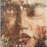 UNIDENTIFIED ARTIST A modern oil on canvas painting of a mask of a female face.Approximately 45 by