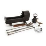 GROUP OF VINTAGE HOUSEHOLD ITEMS Including a three-piece fireplace tool set, a Eureka bed warmer,