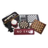 GROUP OF GAME ROOM ITEMS Including chess and backgammon table top boards, a dart board, a bow and